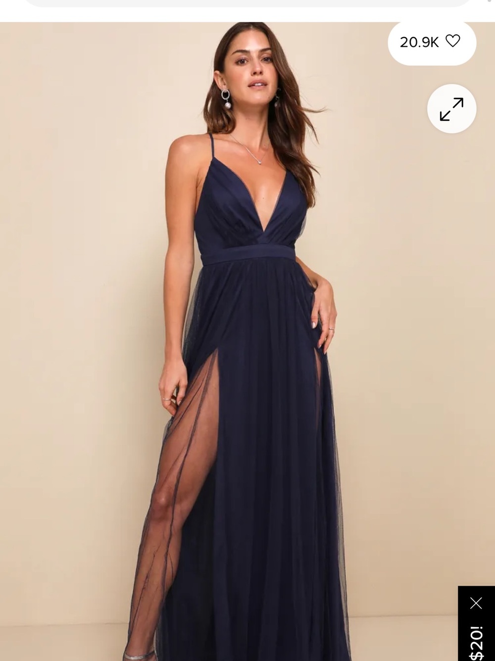 Luxxel Deep Blue V‑Neck Tulle Maxi Dress